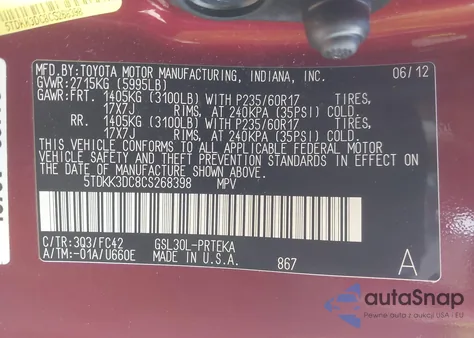 2012 Toyota Sienna Le V6 8 Passenger из США, поврежденный, VIN 5TDKK3DC8CS268398